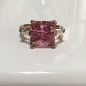 Gold Ring with Pink Stone and White Baguettes
